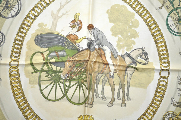 Authentic HERMES Carre 90 Scarf "LA PROMENADE DE LONGCHAMPS" Silk Blue K8378