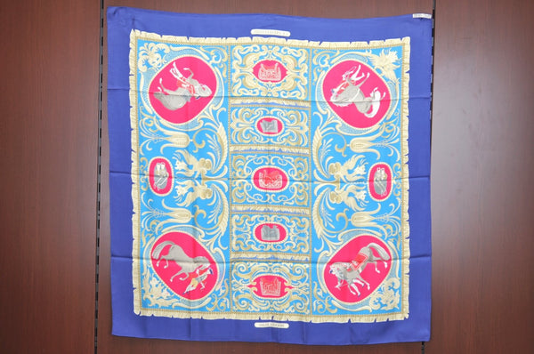 Authentic HERMES Carre 90 Scarf "LA PRESENTATION" Silk Blue K8389