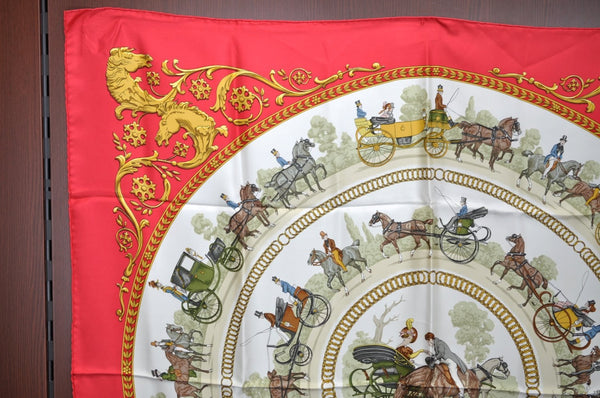 Authentic HERMES Carre 90 Scarf "LA PROMENADE DE LONGCHAMPS" Silk Red K8395