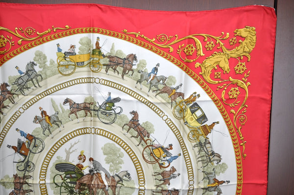 Authentic HERMES Carre 90 Scarf "LA PROMENADE DE LONGCHAMPS" Silk Red K8395