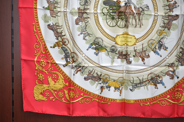 Authentic HERMES Carre 90 Scarf "LA PROMENADE DE LONGCHAMPS" Silk Red K8395