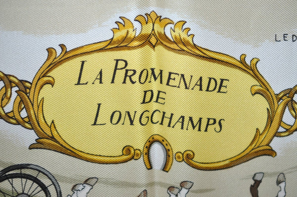 Authentic HERMES Carre 90 Scarf "LA PROMENADE DE LONGCHAMPS" Silk Red K8395