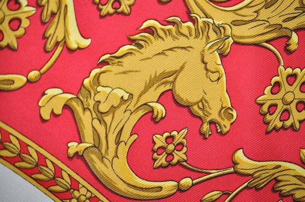 Authentic HERMES Carre 90 Scarf "LA PROMENADE DE LONGCHAMPS" Silk Red K8395