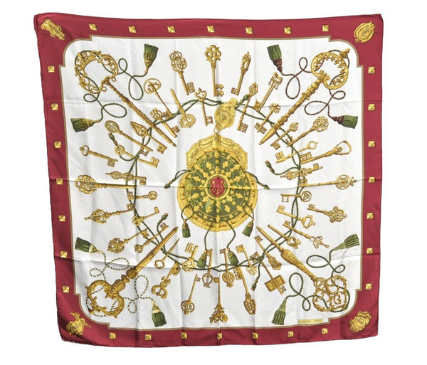 Authentic HERMES Carre 90 Scarf "LES CLES" Silk Bordeaux Red K8411