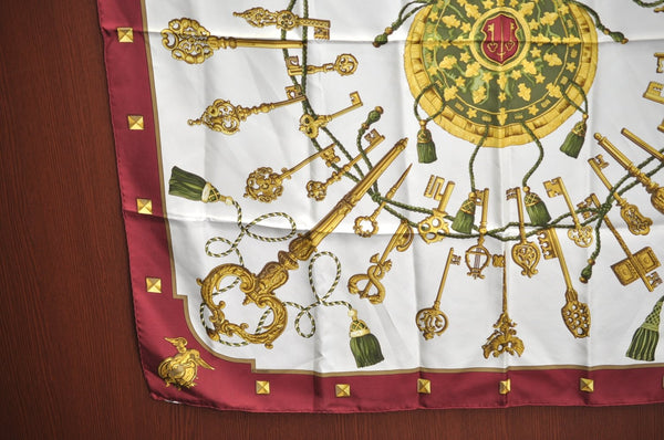 Authentic HERMES Carre 90 Scarf "LES CLES" Silk Bordeaux Red K8411