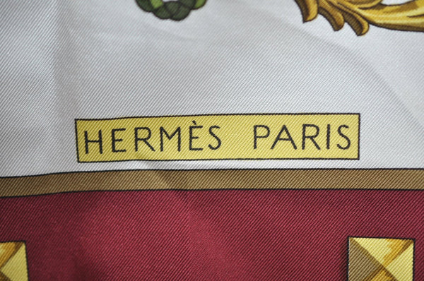 Authentic HERMES Carre 90 Scarf "LES CLES" Silk Bordeaux Red K8411