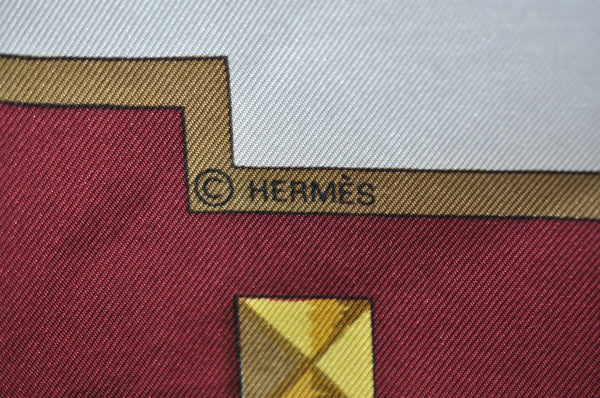Authentic HERMES Carre 90 Scarf "LES CLES" Silk Bordeaux Red K8411