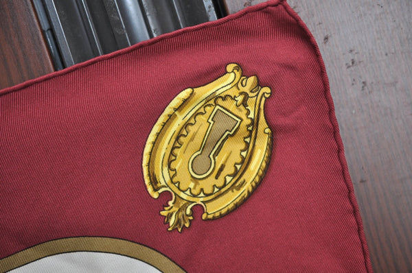 Authentic HERMES Carre 90 Scarf "LES CLES" Silk Bordeaux Red K8411