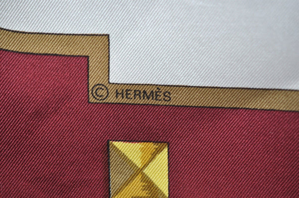 Authentic HERMES Carre 90 Scarf "LES CLES" Silk Bordeaux Red K8411