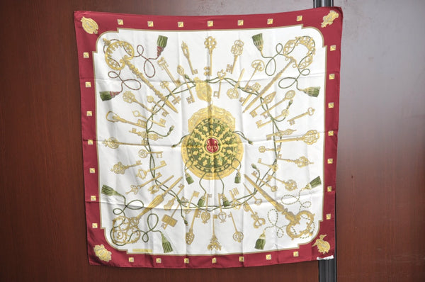 Authentic HERMES Carre 90 Scarf "LES CLES" Silk Bordeaux Red K8411