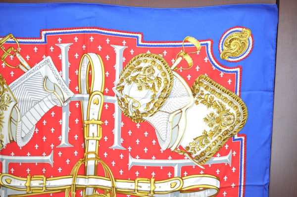 Authentic HERMES Carre 90 Scarf "SELLES A HOUSSE" Silk Blue K8415