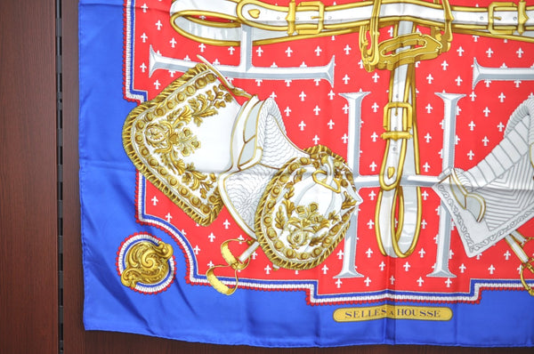 Authentic HERMES Carre 90 Scarf "SELLES A HOUSSE" Silk Blue K8415