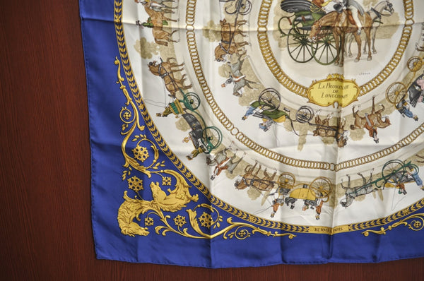 Authentic HERMES Carre 90 Scarf "LA PROMENADE DE LONGCHAMPS" Silk Blue K8422