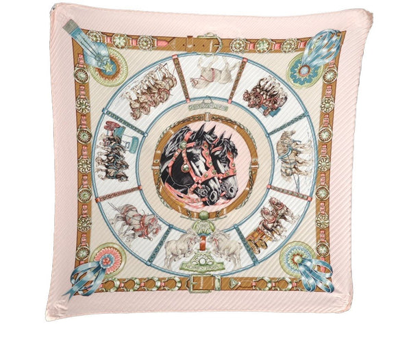 Authentic HERMES Pleats Scarf "CHEVAUX DE TRAIT" Silk Pink K8423