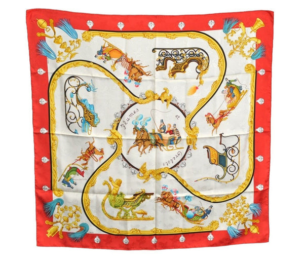 Authentic HERMES Carre 90 Scarf "Plumes et Grelots" Silk Red K8425