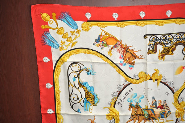 Authentic HERMES Carre 90 Scarf "Plumes et Grelots" Silk Red K8425