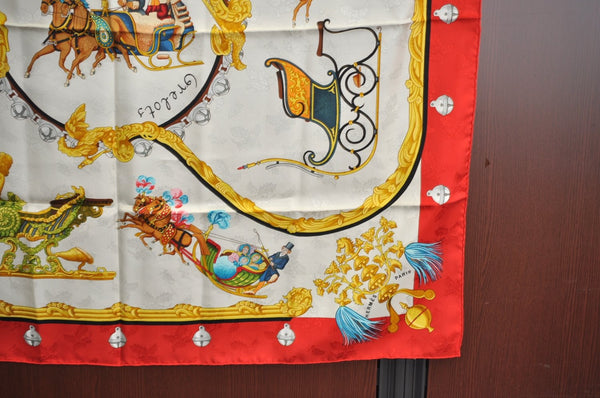 Authentic HERMES Carre 90 Scarf "Plumes et Grelots" Silk Red K8425