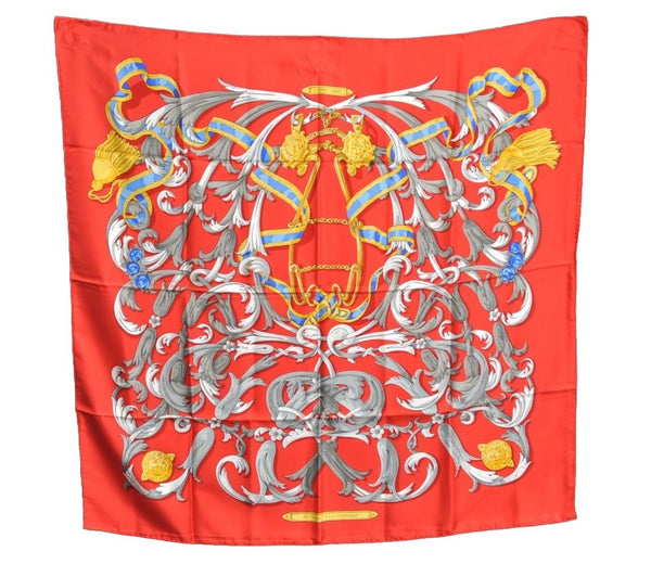 Authentic HERMES Carre 90 Scarf "LE MORS A LA CONETABLE" Silk Red K8426