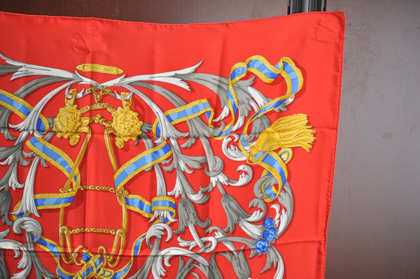 Authentic HERMES Carre 90 Scarf "LE MORS A LA CONETABLE" Silk Red K8426