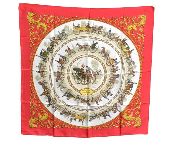 Authentic HERMES Carre 90 Scarf "LA PROMENADE DE LONGCHAMPS" Silk Red Box K8427