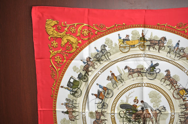 Authentic HERMES Carre 90 Scarf "LA PROMENADE DE LONGCHAMPS" Silk Red Box K8427