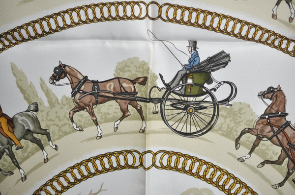 Authentic HERMES Carre 90 Scarf "LA PROMENADE DE LONGCHAMPS" Silk Red Box K8427