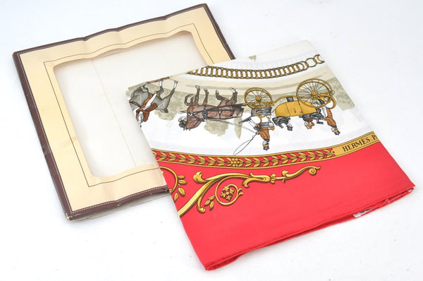 Authentic HERMES Carre 90 Scarf "LA PROMENADE DE LONGCHAMPS" Silk Red Box K8427