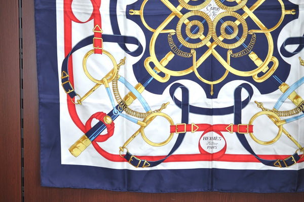 Authentic HERMES Carre 90 Scarf "Eperon d’or" Silk Navy K8429