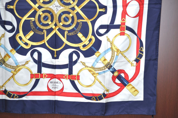 Authentic HERMES Carre 90 Scarf "Eperon d’or" Silk Navy K8429