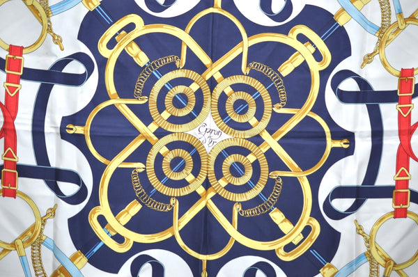 Authentic HERMES Carre 90 Scarf "Eperon d’or" Silk Navy K8429