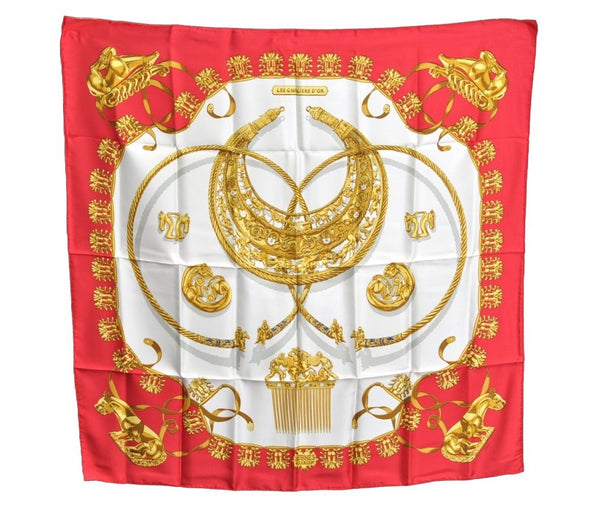 Authentic HERMES Carre 90 Scarf "LES CAVALIERES D'OR" Silk Red K8431