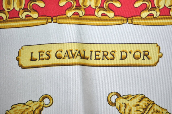 Authentic HERMES Carre 90 Scarf "LES CAVALIERES D'OR" Silk Red K8431