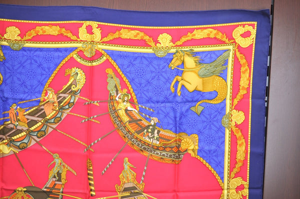 Authentic HERMES Carre 90 Scarf "Les Bissone de Venise" Silk Navy K8432