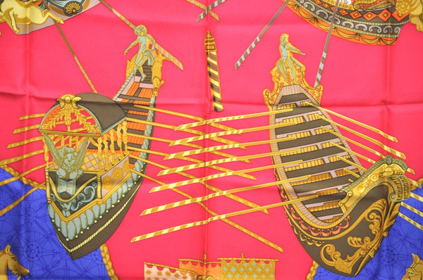 Authentic HERMES Carre 90 Scarf "Les Bissone de Venise" Silk Navy K8432