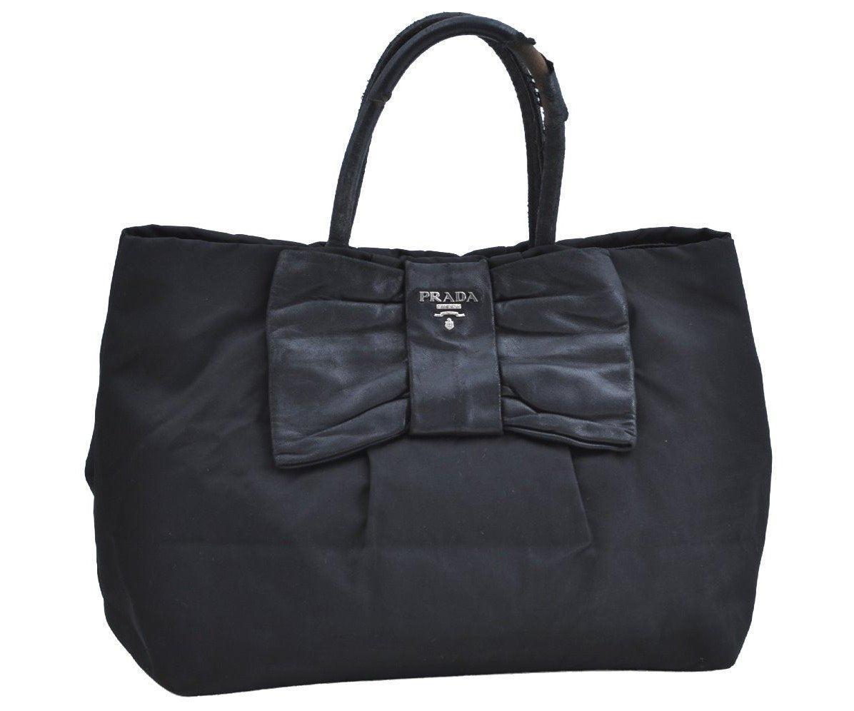 Authentic PRADA Ribbon Nylon Tessuto Leather Tote Hand Bag Purse Black K8438