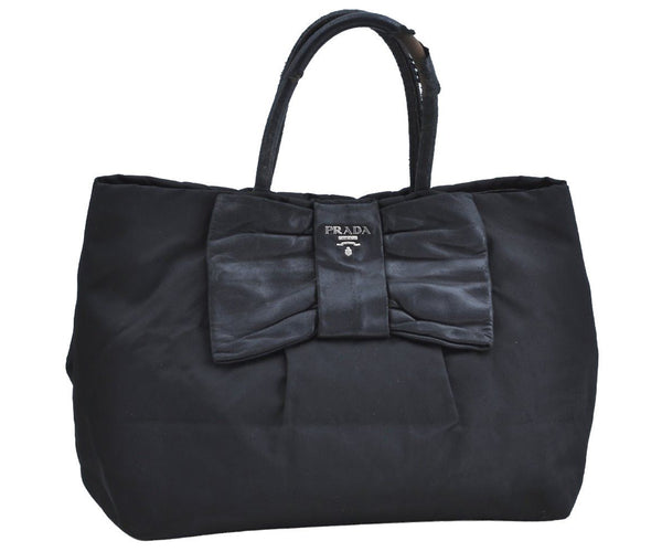 Authentic PRADA Ribbon Nylon Tessuto Leather Tote Hand Bag Purse Black K8438