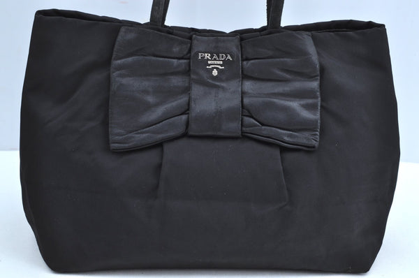 Authentic PRADA Ribbon Nylon Tessuto Leather Tote Hand Bag Purse Black K8438