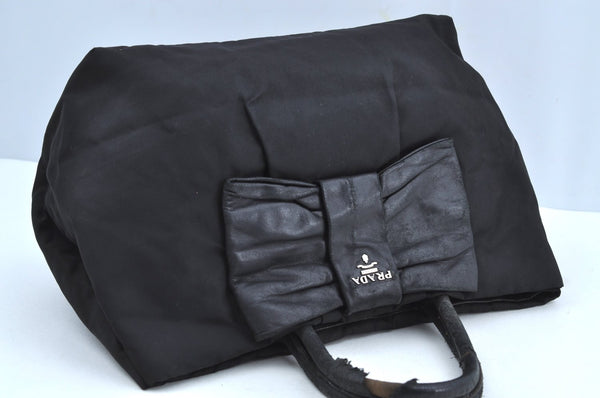 Authentic PRADA Ribbon Nylon Tessuto Leather Tote Hand Bag Purse Black K8438
