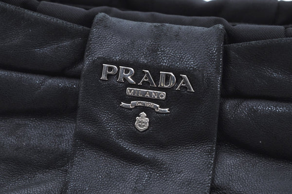 Authentic PRADA Ribbon Nylon Tessuto Leather Tote Hand Bag Purse Black K8438