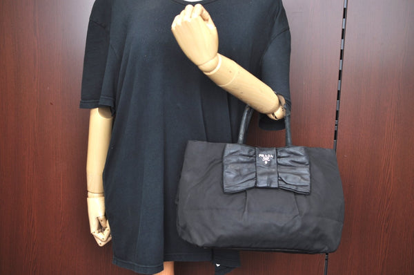 Authentic PRADA Ribbon Nylon Tessuto Leather Tote Hand Bag Purse Black K8438