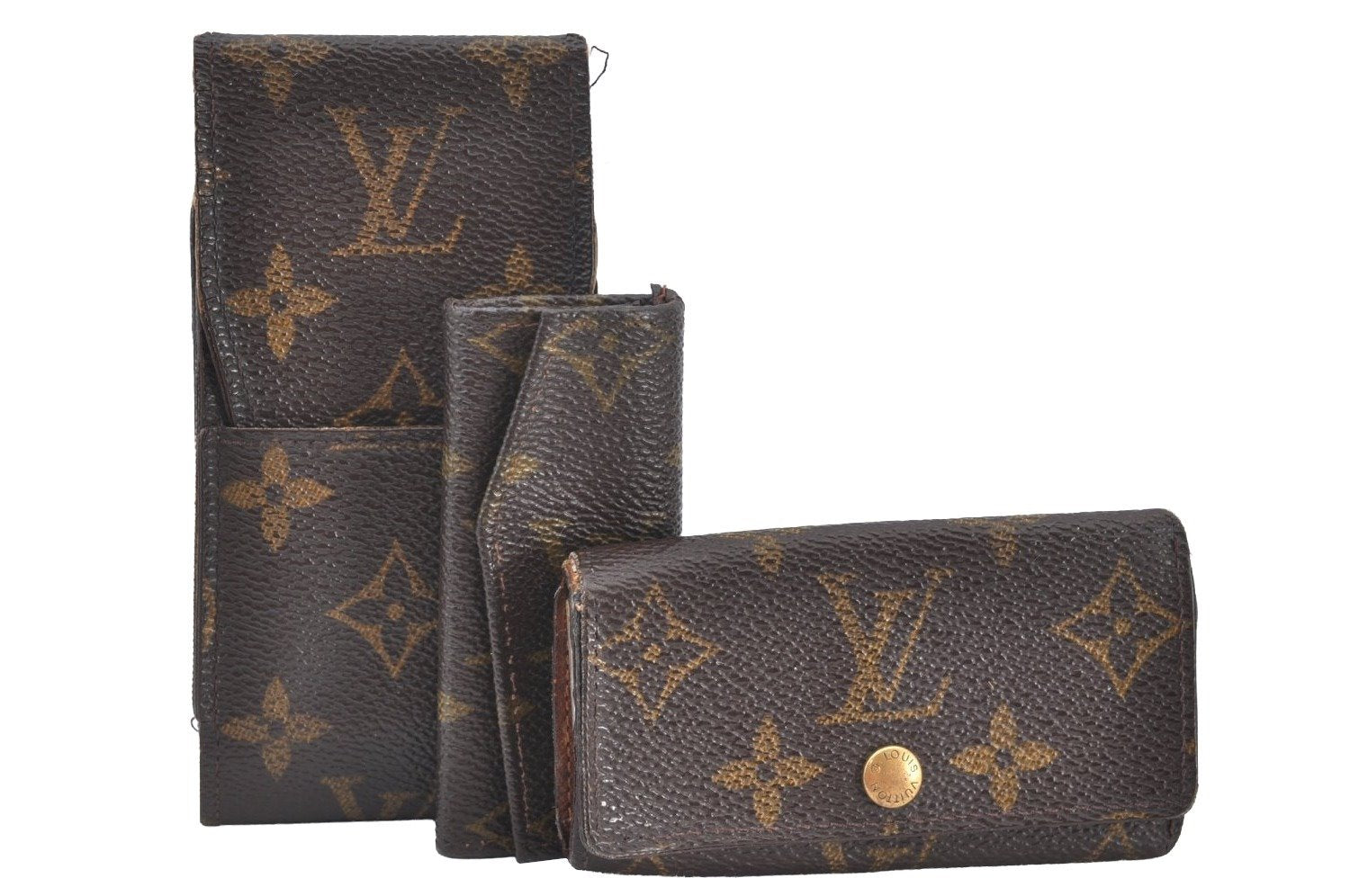 Authentic Louis Vuitton Monogram Cigarette Case Key Case Brown 3Set Junk K8439