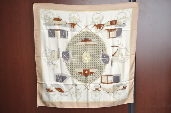 Authentic HERMES Carre 90 Scarf "LES VOITURES A TRANSFORMATION" Silk Beige K8444