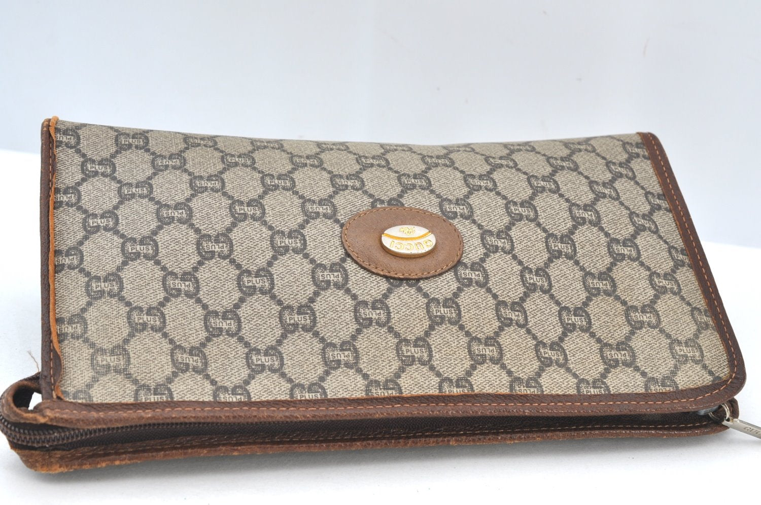 Authentic GUCCI GG Plus Clutch Hand Bag Purse PVC Leather Brown K8445