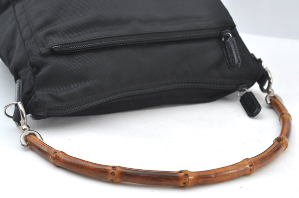 Authentic GUCCI Bamboo 2Way Shoulder Hand Bag Purse Nylon Leather Black K8446