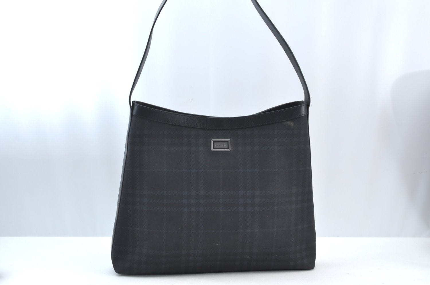 Authentic BURBERRY Vintage Check Shoulder Tote Bag PVC Leather Black Navy K8449