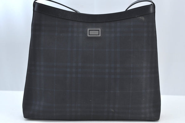 Authentic BURBERRY Vintage Check Shoulder Tote Bag PVC Leather Black Navy K8449