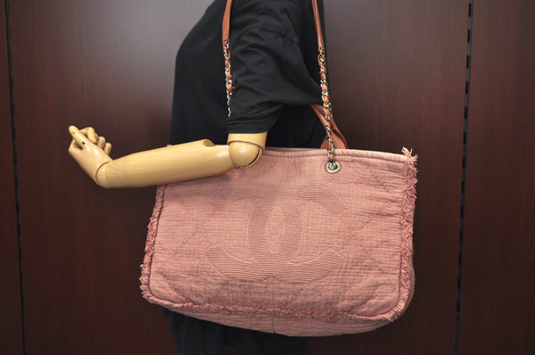 Authentic CHANEL CC Logo Chain Shoulder Tote Bag Canvas Leather Pink K8458