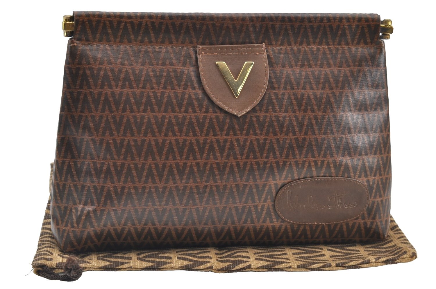 Authentic MARIO VALENTINO V Logo Clutch Bag Purse PVC Brown K8488