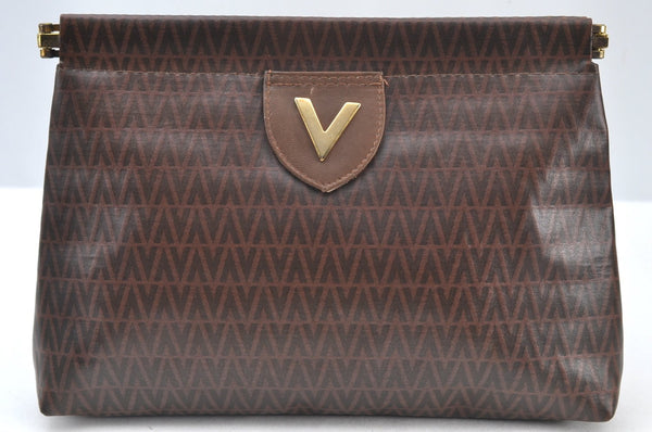 Authentic MARIO VALENTINO V Logo Clutch Bag Purse PVC Brown K8488