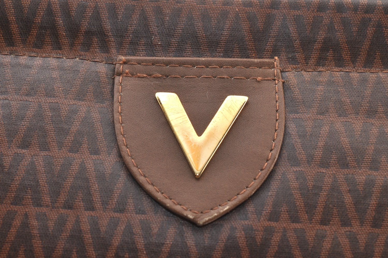 Authentic MARIO VALENTINO V Logo Clutch Bag Purse PVC Brown K8488